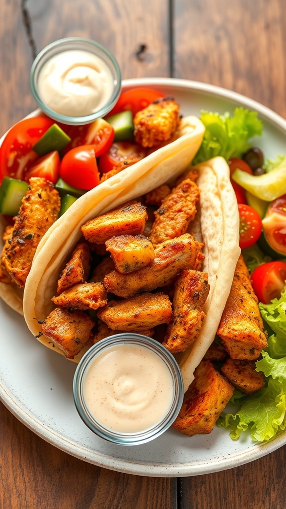 Air fryer chicken shawarma served in pita with fresh vegetables and tahini sauce on a wooden table.